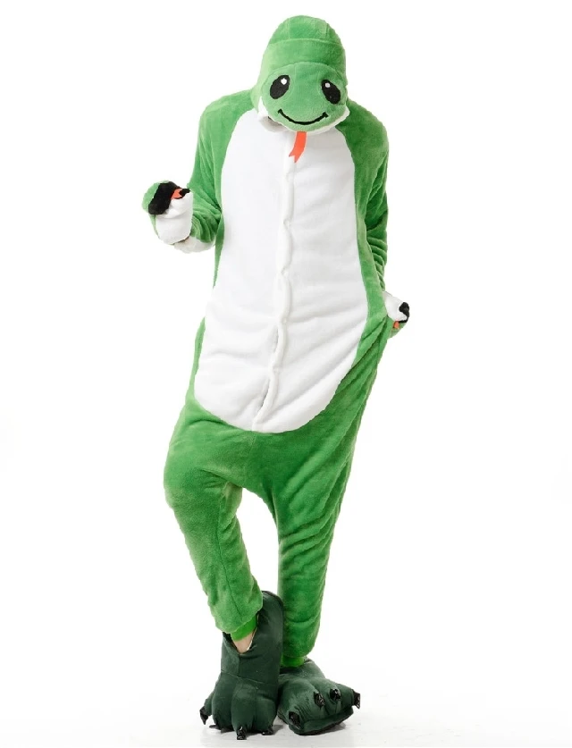 Adults Flannel Kigurumi Green Snake Animal Onesies Pajamas Halloween Carnival Masquerade Party Cosplay Costume