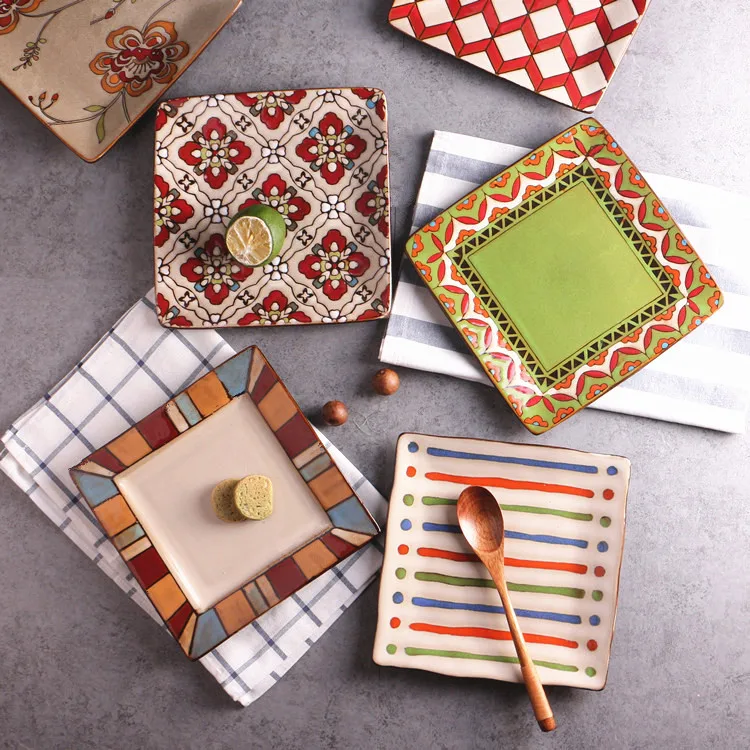 

Creative ceramics plate personalized hand-painted square flat style salad fruit plate west food plate dish