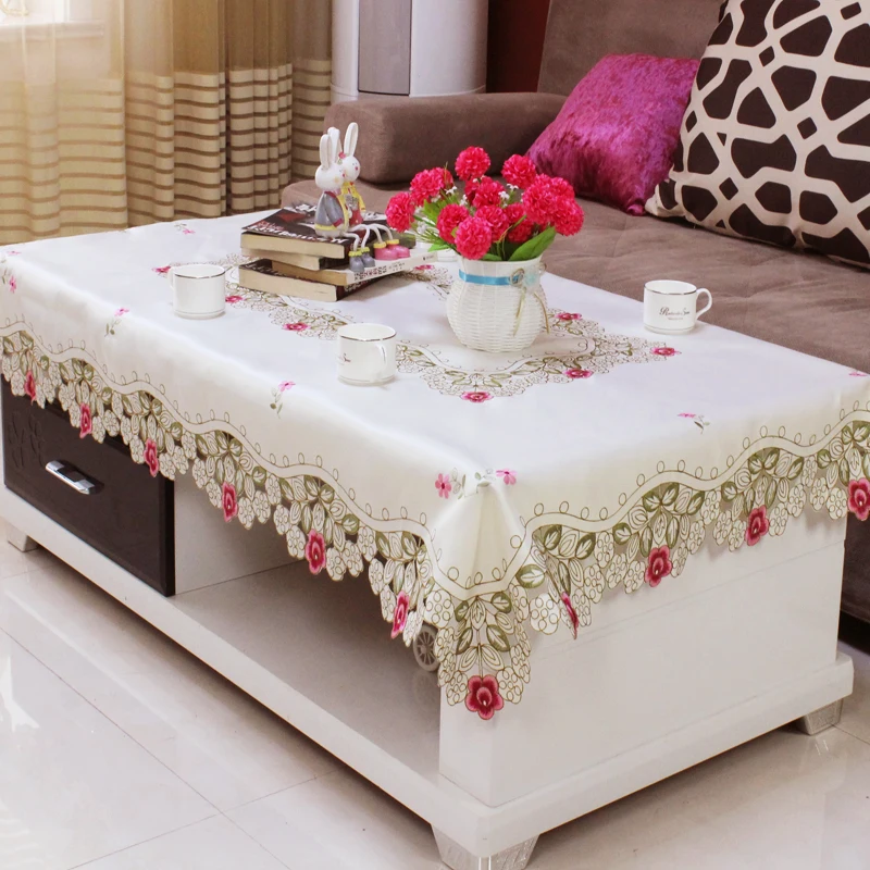 Home hotel dining wedding White Red Table Cloth with Lace Embroidered Floral Rectangular Tablecloth to table covers