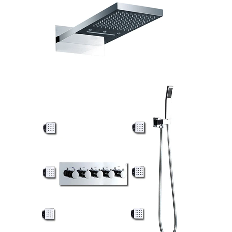 Thermostatic Shower System Modern Wall Mounted LED Rainfall Waterfall Shower Panel Head  4 Functions High Flow Body Jets Massage