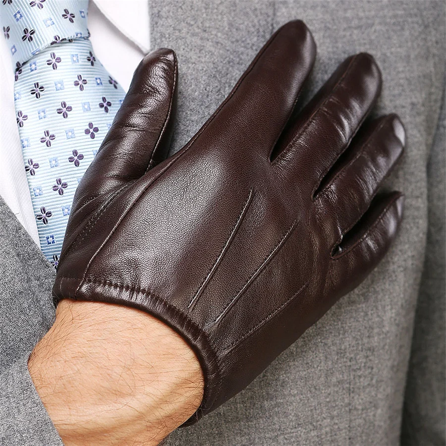 Genuine Leather Men Top Fashion Gloves Wrist Sheepskin Glove For Man Thin Winter Driving Five Finger Rushed M017PQ2