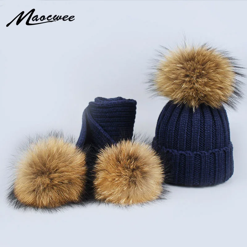 New 2 Pieces Set Children Winter Hat Scarf for Girls Hat Real Raccoon Fur Pom Pom Beanies Woman Cap Knitted Winter Hat Wholesale