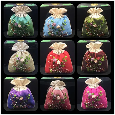 Handmade Ribbon Embroidery Large Cloth Gift Bags Drawstring Jewelry Storage Satin Fabric Coin Purse Pouch Makeup Packaging