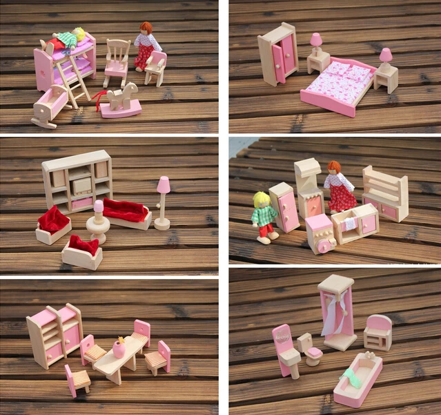 

6 set style Funny Kids Pretend Role Wooden Toy Dollhouse Nursery Room dining room living romm Miniature Furniture