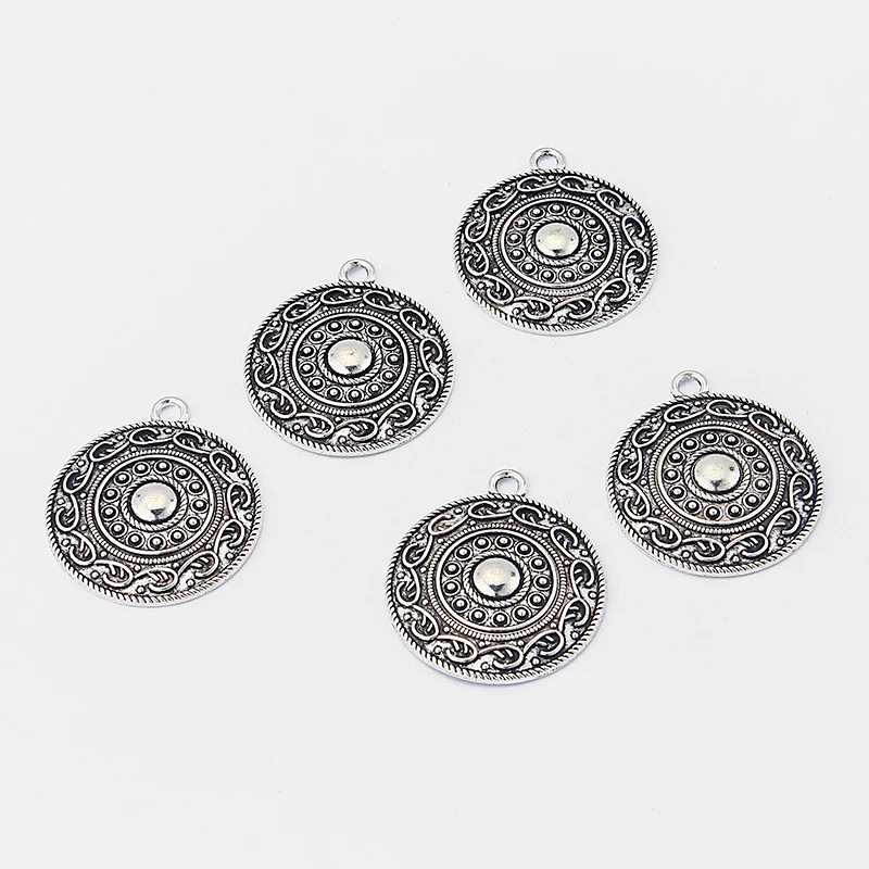 5PCS Tibetan Silver Flower Coin Round Charms Pendants for DIY Jewelry Necklace Making Findings 33x37mm