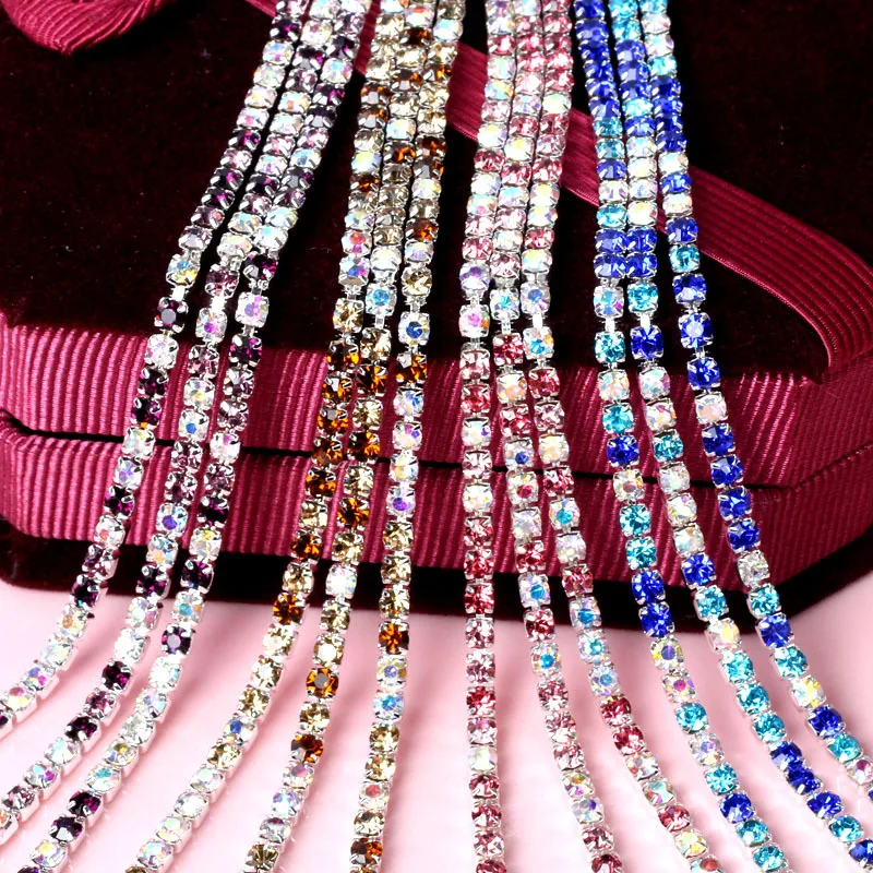 SS6 2mm 5yards/bag Multicolour Silver Base Sew on Rhinestones Chain For Needlework, Diy Clothing Accessories YHSS6