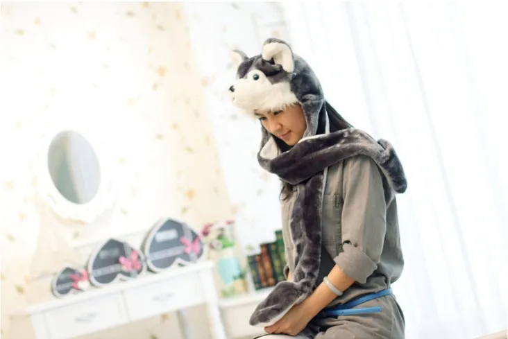 2023 Hot sale cute Plush Cartoon wolf husky Bunny Bear Dog Hats Fluffy Warm animal 3 in 1 Multi-function hat Scarf Gloves Cap