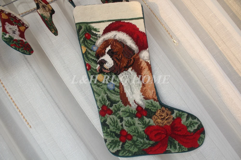 

Free Shipping Wool Handmade Christmas Gift Sock Needlepoint Santa Claus socks for Presents Dogs Design 28X43CM