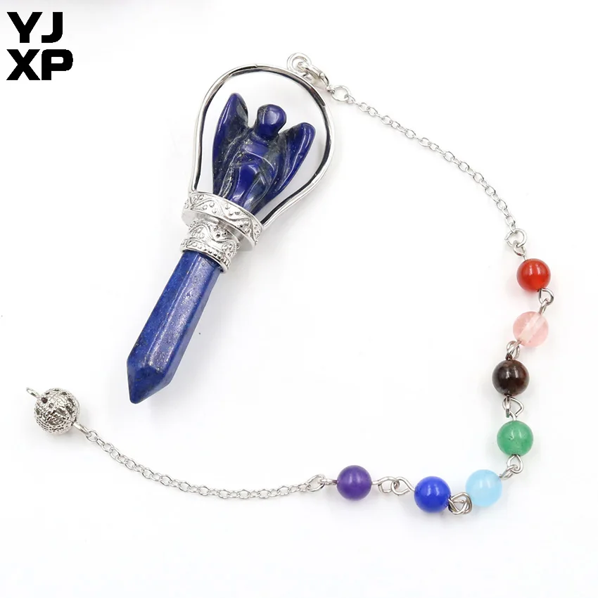 YJXP Natural Stone 7 Chakra Reiki Healing Chain Lapis Lazuli Carved Angel Hexagonal Prism Pendulum Pendant Fashion Charm Jewelry