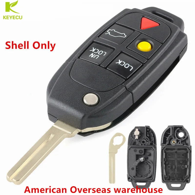 KEYECU Replacement New Uncut Flip Remote Key Shell Case Fob 5 Button for VOLVO S60 S80 V70 XC70 XC90