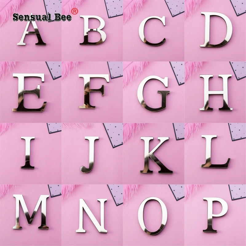 3D Gold English Letters Acrylic Mirror Surface Wall Sticker Party Door Room Decoration Alphabet Peel & Stick DIY Art Mural