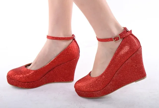 High Heeled Wedding Shoes Women Wedges Shoes Fashionable Gold Red Platform Wedding Shoes Bride