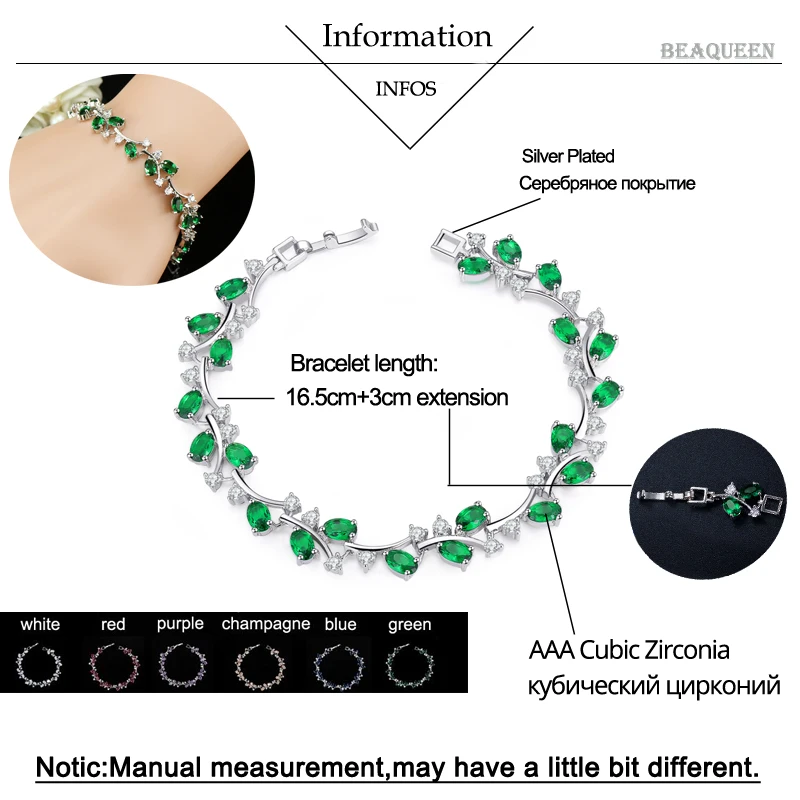 BeaQueen Lovely Oval Round Cubic Zircon Crystal Silver Color Royal Jewellry Green CZ Stone Tennis Bracelets for Women B015