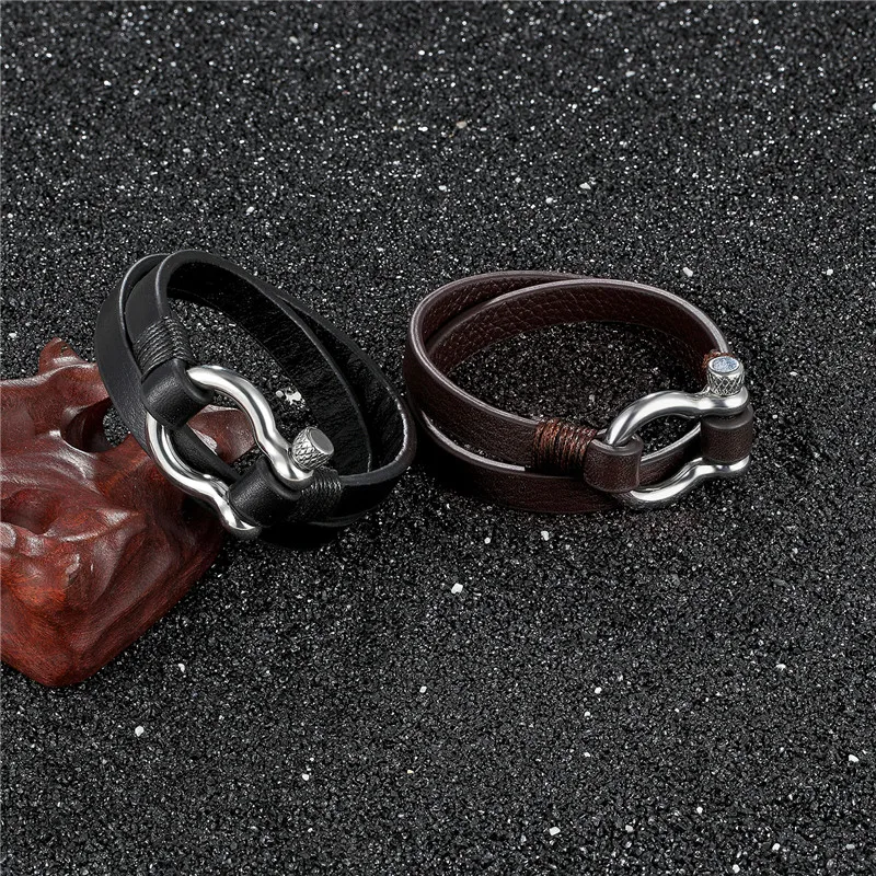 MKENDN New Fashion Stainless Steel Shackle Buckle Leather Survival Bracelet Men Surf Nautical Sailor Surfer Wristband Jewelry