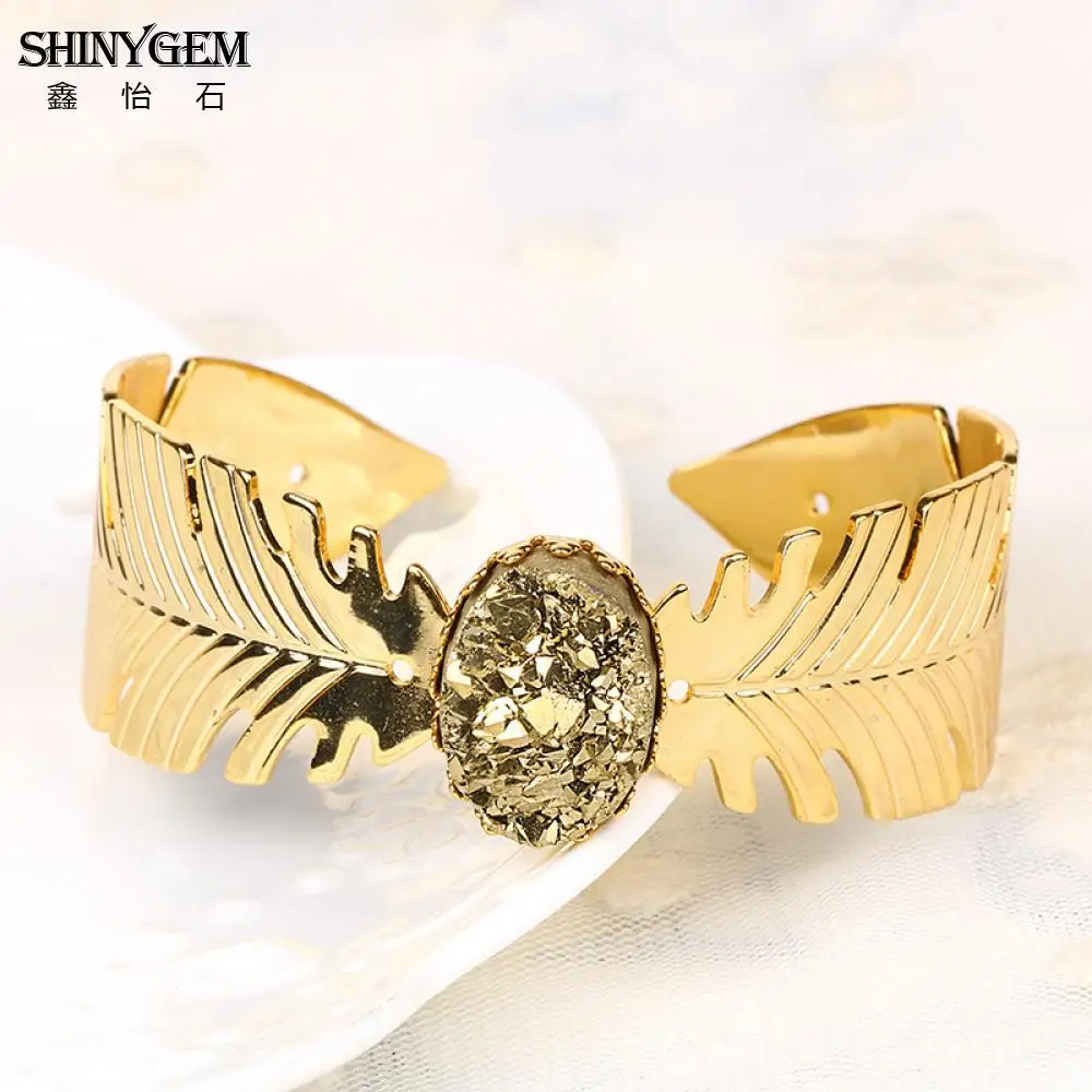 

ShinyGem винтажные позолоченные кольца с крыльями листьев, Классические овальные большие браслеты с натуральным минеральным хрусталем для женщин