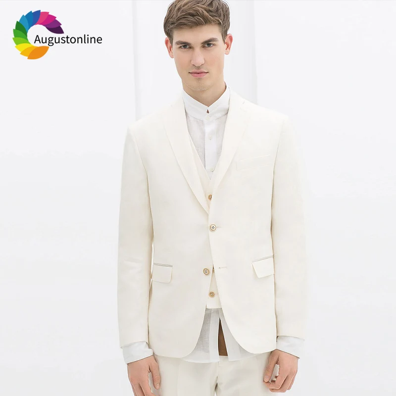 

Summer Ivory Linen Men Suits For Wedding Suit Bridegroom Custom Slim Fit Groom Prom Tuxedo Tailor Made Costumes Best Man 3Pieces