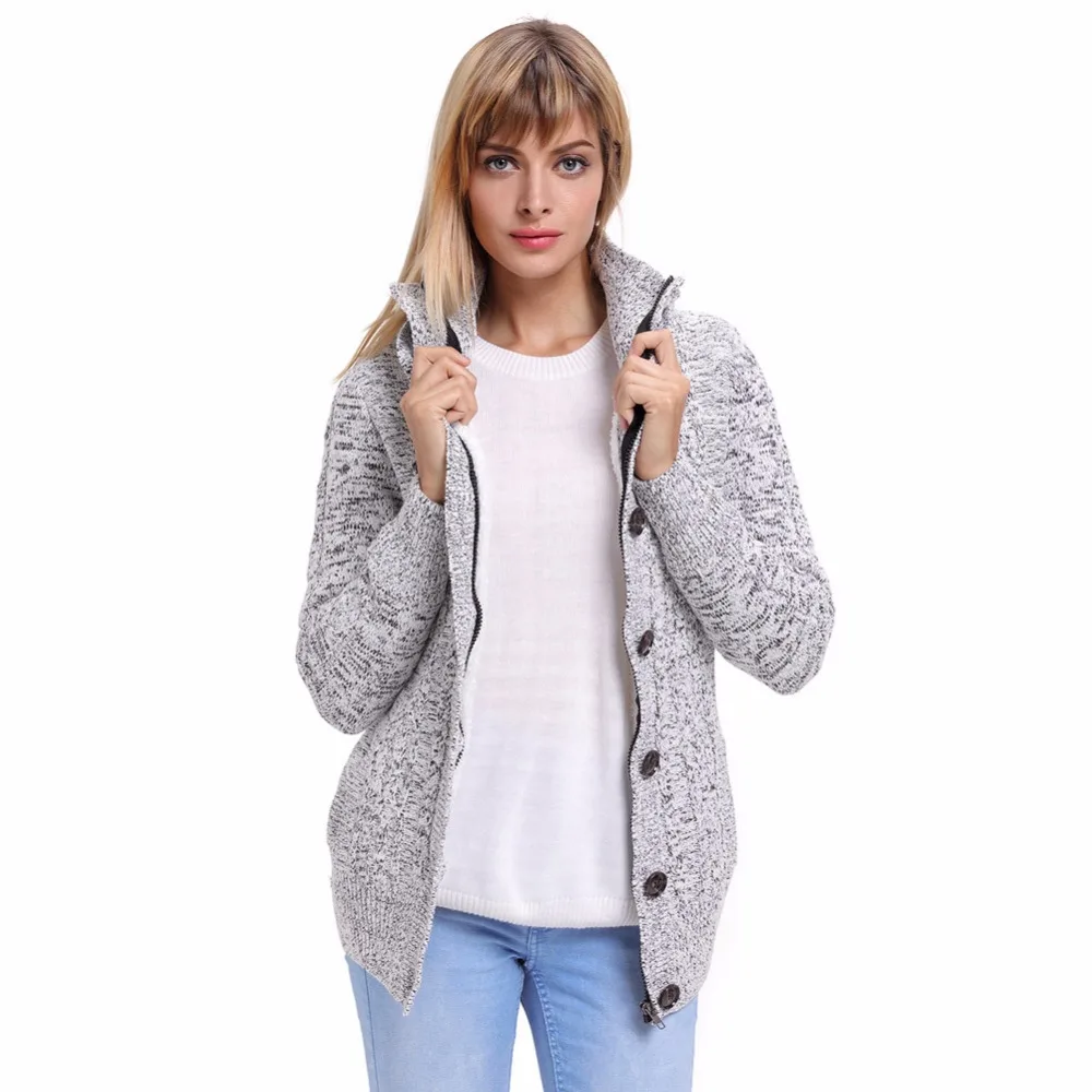 European and American fashion new women's self-cultivation knit double collar sweater cardigan hooded long-sleeved warm jacket