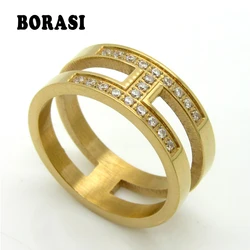 New Arrival Stainless Steel Ring Classic H Letter Wedding Ring Gold Color Mosaic AAA CZ Zircon Crystal Brand Jewelry