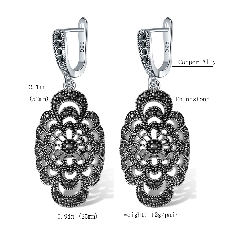 Size 7-10 Hollow Out Black Flower Necklace Earrings Ring High Quality Vintage Plant Jewelry Sets For Women Wholesale Bijoux