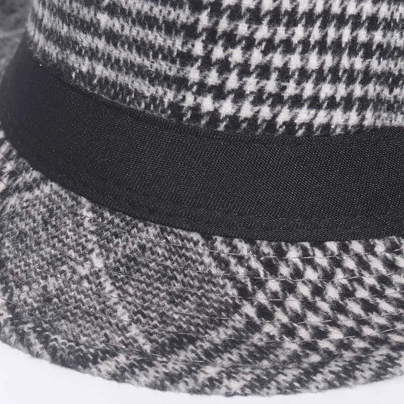 Brand Retro Fedora Hat Faux Woolen Felt Mens Winter Jazz Cap Outdoor Gentleman Top Plaid Pattern Hats Derby Chapeau Fedoras