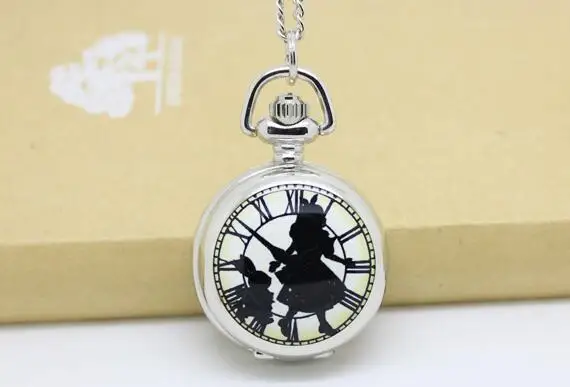 fashion silver enamel mirror black in wonderland roman clock girl alice pocket watch necklace hour clock wholesale antibrittle