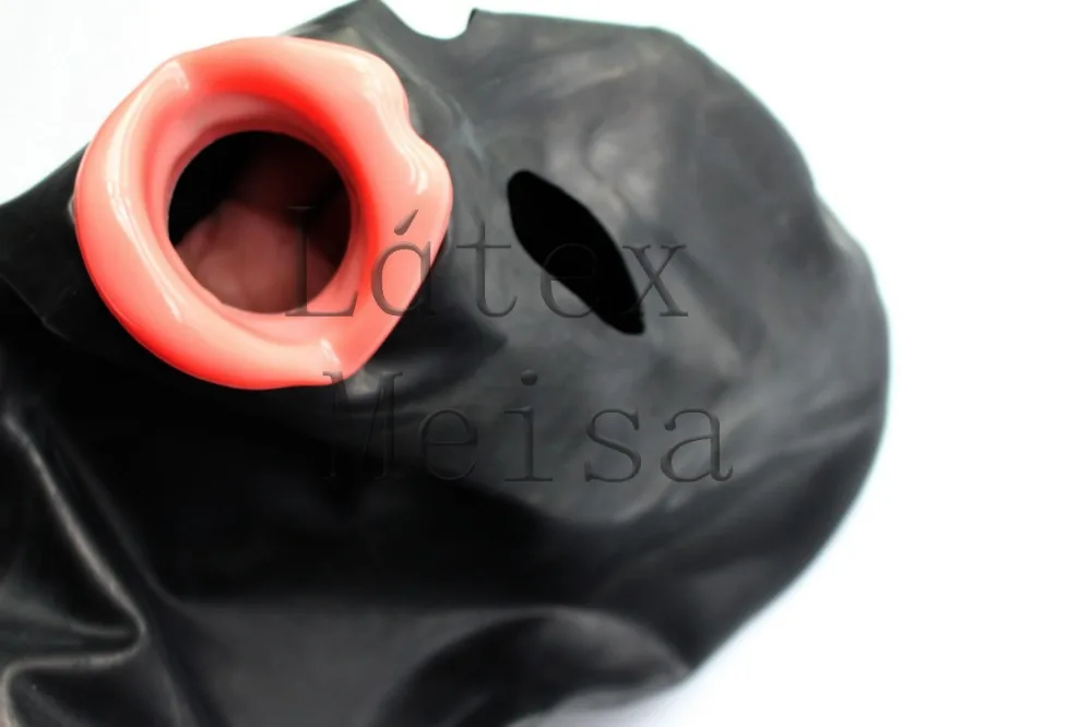 

latex hoods attached red soft lips and open eyes in black color