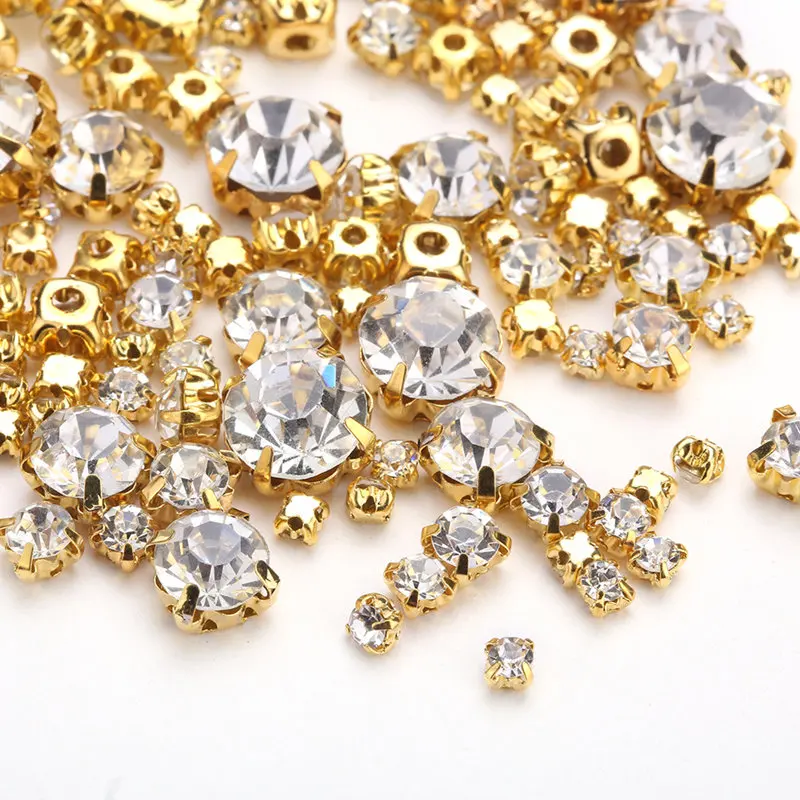 Multi Sizes Crystal Acrylic Sew On Rhinestones with Silver/Gold Claw Flatback Sewing beads For Wedding Dress DIY Crafts