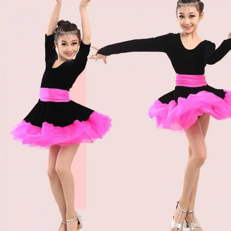 Professional Girl Long Sleeves Latin Dance Dress Children Ballroom Dancing Dress Kids Salsa Rumba Cha Cha Tango Stage Dress Wear