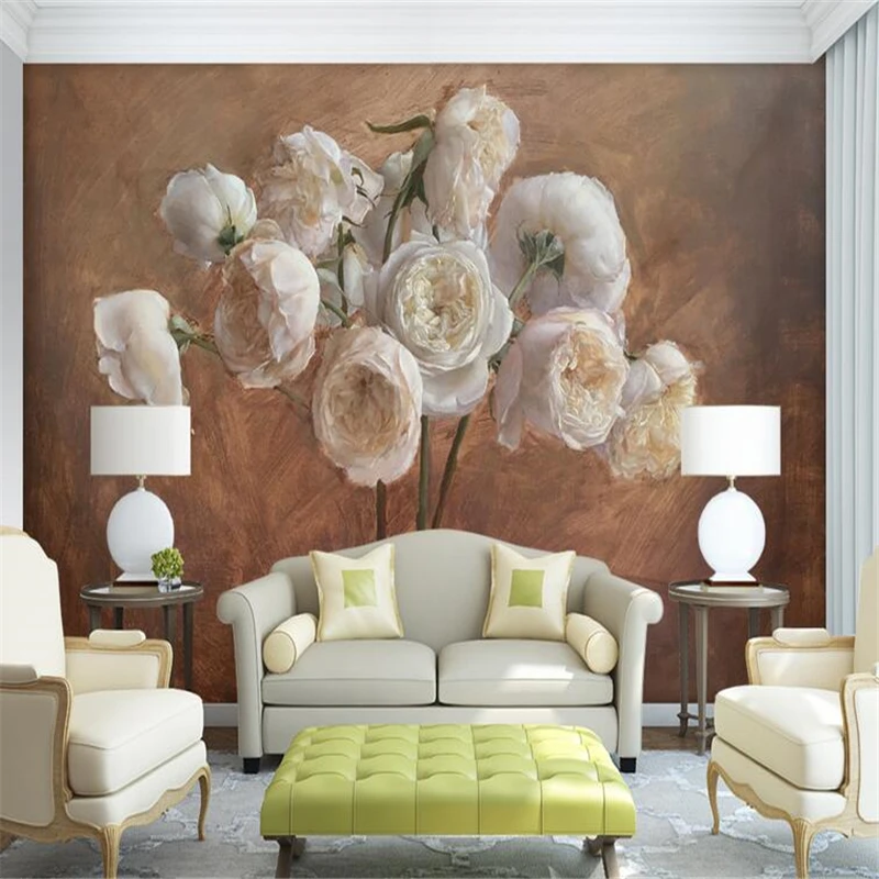 beibehang Wall paper Custom  Wall Sticker Mural European Retro Hand Painted Oil Rose Peony Rose Flower Wallpaper Background Wall