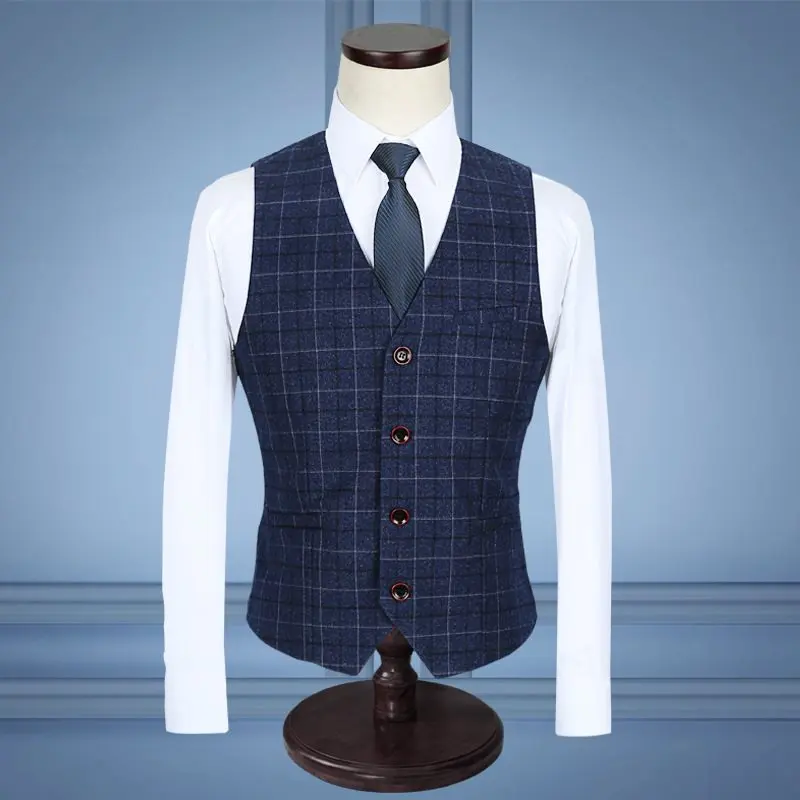 3-piece Set ( Jacket + Vest + Pants ) High-end Brand Boutique Men\'s Plaid Formal Suit Groom Wedding Dress Banquet Suit Mens Set
