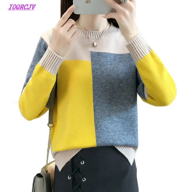 

Women Pullovers Sweater 2020 Contrast Color Winter patchwork Sweater Long Sleeve Jumper Knitted Sweater Female Pull Autumn W134