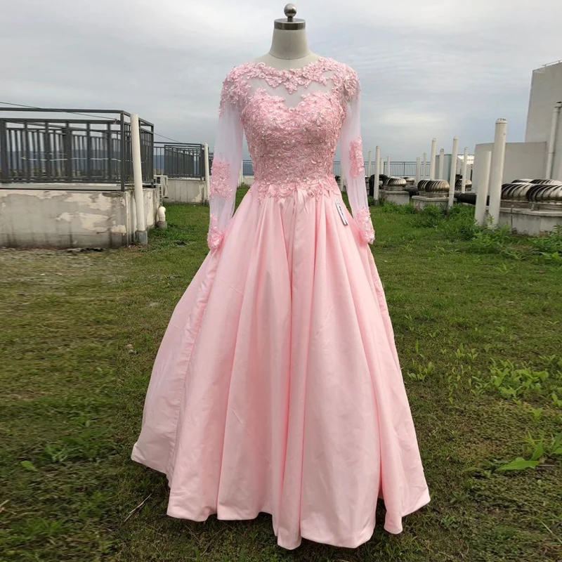 

Pink A-line Floor Length Prom Dresses O-neck Long Sleeve Lace Appliques Beading Evening Party Gown Taffeta Long Robe De Mariee