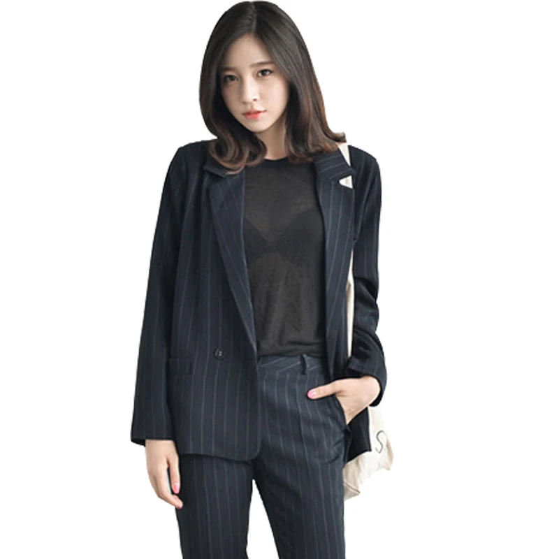 Two-piece women's spring and autumn long-sleeved striped casual temperament OL career suits (jacket + trousers)