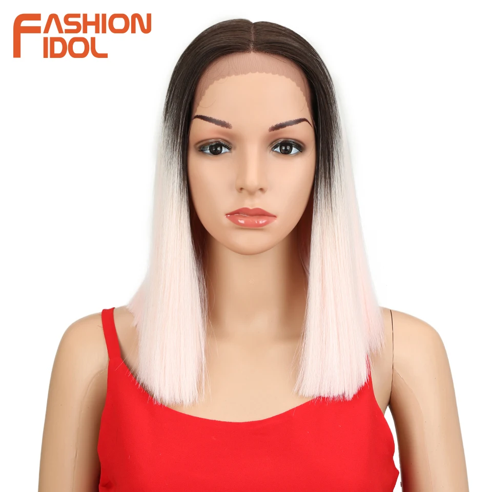 

FASHION IDOL 14 Inch Short Bob Straight Wigs Synthetic Ombre Pink Middle Part Lace Wigs For Women Shoulder Length Cosplay Wigs