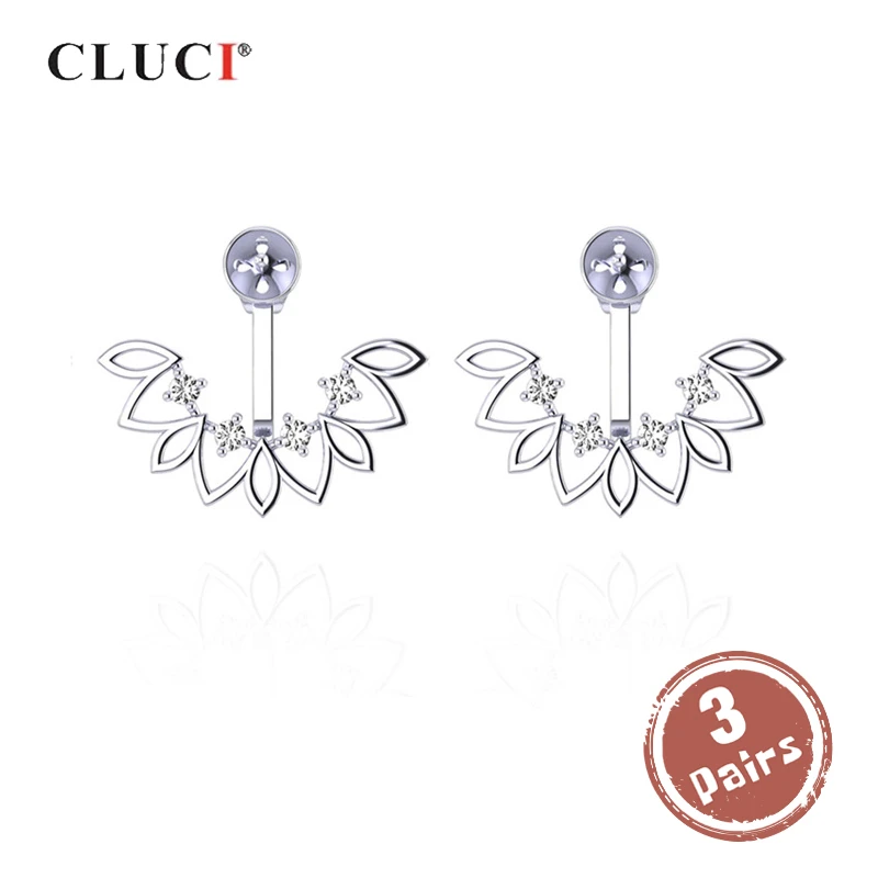 

CLUCI 3 pair Silver 925 Zircon Earrings For Women 925 Sterling Silver Pearl Earring Mounting Flower Drop Earrings SE118SB