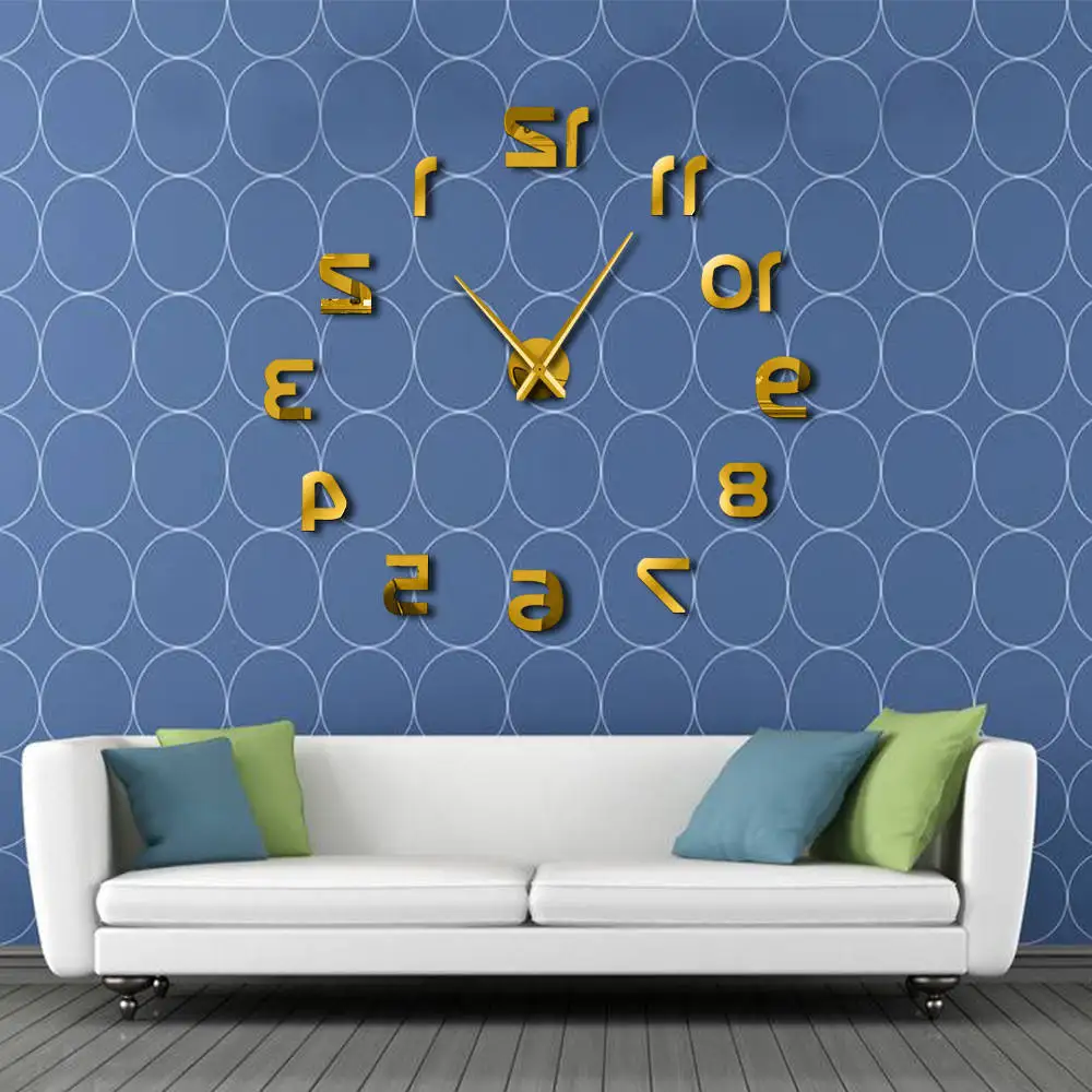 Backwards 3D DIY Large Wall Clock Modern Reverse Numbers Frameless Time Watch Luxury Mirror Effect Big Needle Reverse Clock
