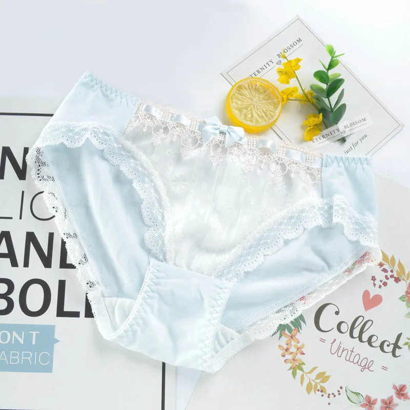 Embroidery Lace Princess Underwear Cute Lovely Sweety Style Cotton Middle Waist Women Panties Bow Exquisite Knickers Soft Breifs