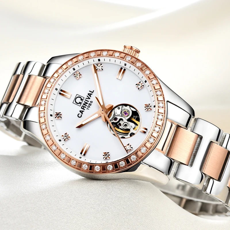 Switzerland CARNIVAL Luxury Brand Automatic Mechanical Sapphire Women's Watches Waterproof Skeleton Luminous Clocks C8685L-15