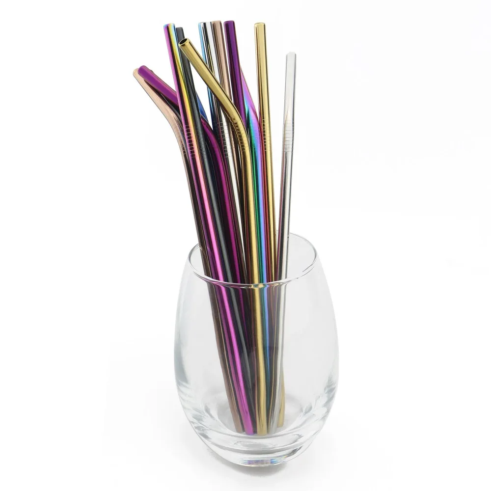 Reusable Metal Drinking Straws 304 Stainless Steel Sturdy Bent Straight Drinking Straw with Cleaning Brush Bar Party Accessory