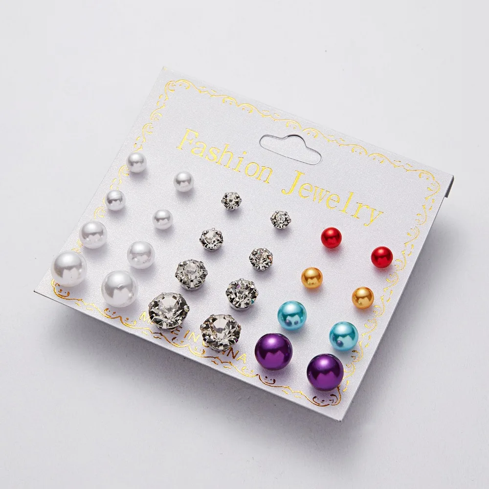 Rinhoo 12 pair/set Zircon Round Ball Imitation Pearls Stud Earring Sets Flower Classic Women Metal Girl Gift Mix Jewelry Earring