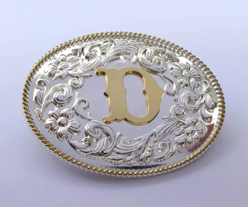High Quality Oval Lace Golden Initial Letter Belt Buckle Silver With Gold Fashion Man Jeans Accessories For 4cm Wideth Belt