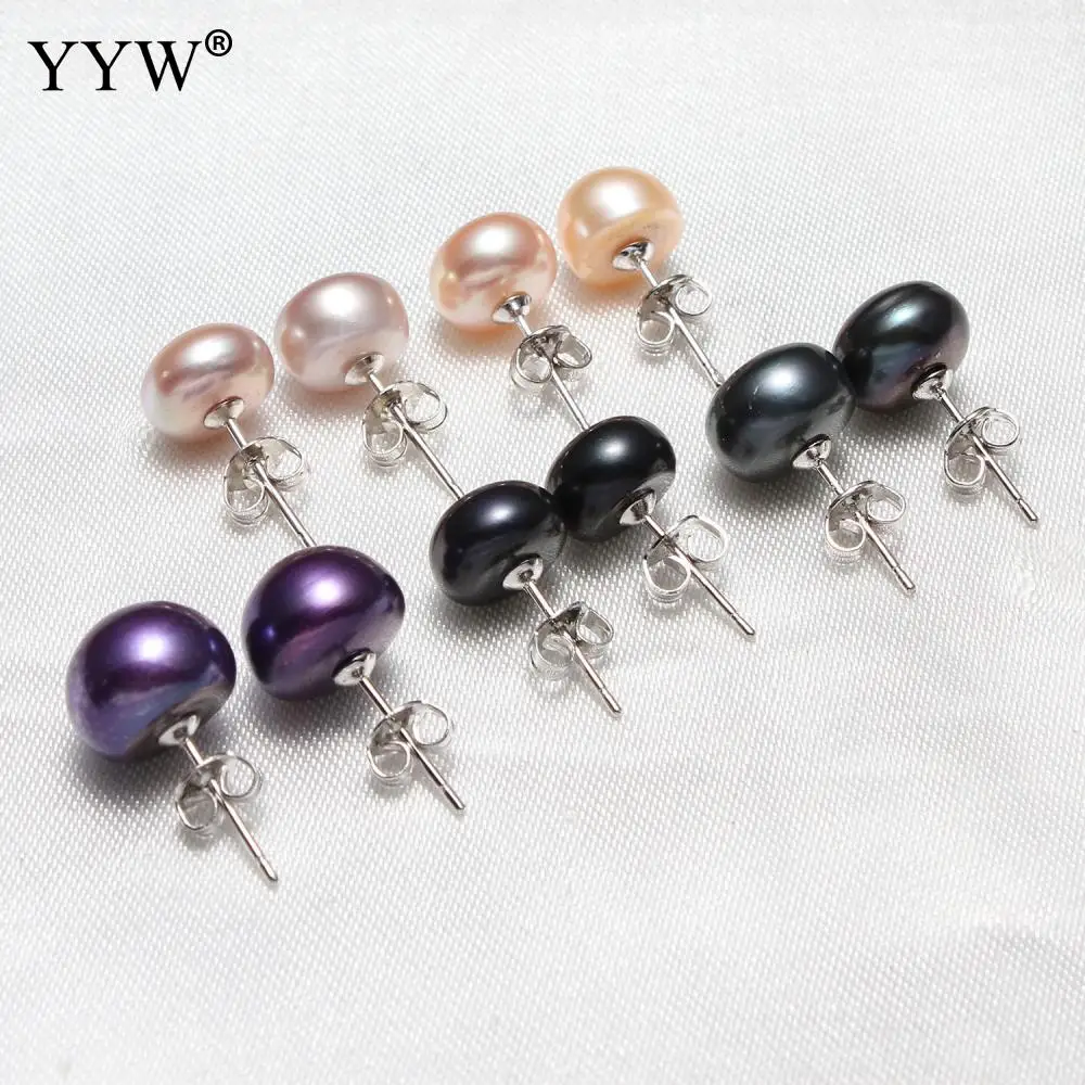 Natural Pearl Stud Earring 6-12mm Purple Pink Black Blue Freshwater Pearls Earring Silver Color Perlas Earrings Women Oorbellen