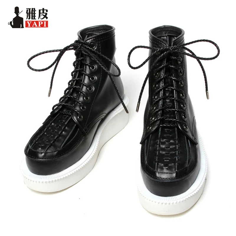 Comfy Casual Genuine Leather Men's Lace Up Riding Boots Winter Trendy Woven Heighten Shoes Young Man Gift