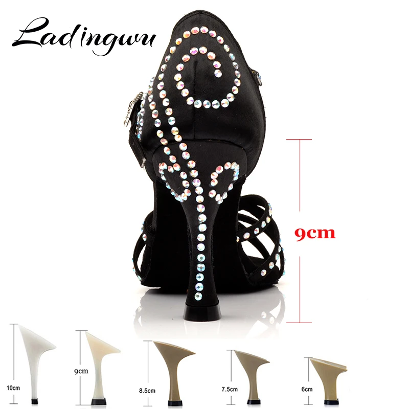 Ladingwu Salsa Latin Dancing Shoes For Woman Satin Shine Rhinestone 9cm Cuba Heel  Hot Sale Dance Shoes Ballroom Dance Shoes