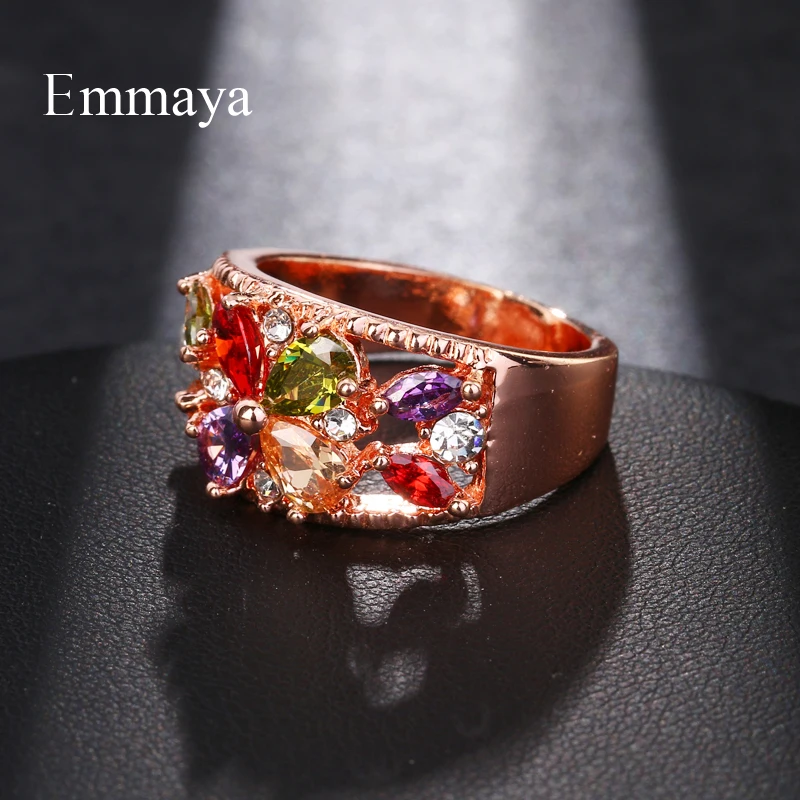 Emmaya Fashion Crystal Rings Rose Gold Color Multicolor Cubic Zircon Wedding Ring For Women Fashion Jewelry Ring