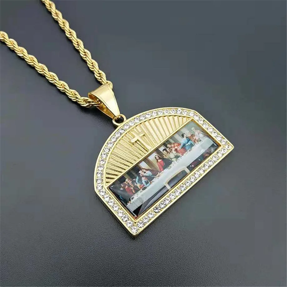 

Religious The Last Supper Pendant Necklace For Men Stainless Steel Gold Color Iced Out Bling Cross Necklace Male Jewelry