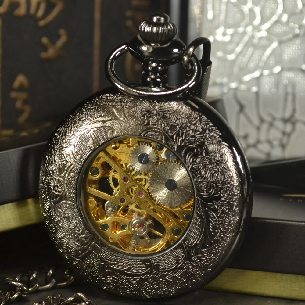 TIEDAN Steampunk Luxury Fashion Antique Skeleton Mechanical Pocket Watch Men Chain Necklace Casual Pocket & Fob Watches Blue