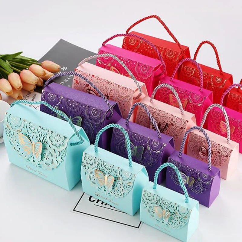 50pcs Hollow Butterfly Baby Shower Birthday Party Decoration Christmas Supplies Wedding Candy Box Tote Paper Gift Bags Handbag