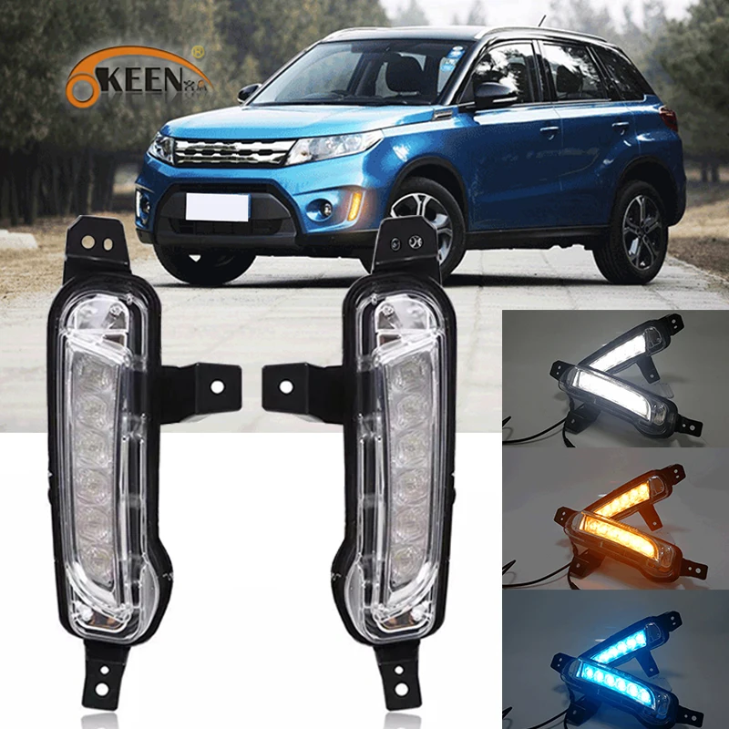 

OKEEN 2pcs LED Daytime Running Light For Suzuki Vitara 2015 2016 2017 2018 Turn Signal Lamp Amber White DRL Blue Night Light 12V