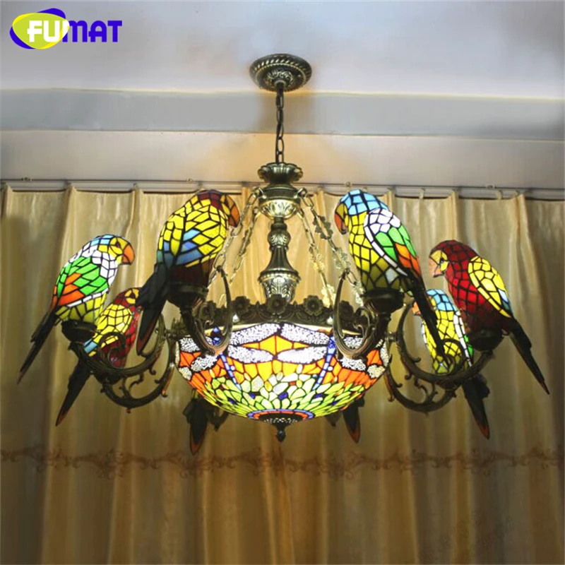 FUMAT Birds Chandelier Parrots Dragonfly Shape European Artistic Stained Glass Lightings Bar Living Room Lamps Warm Chandeliers